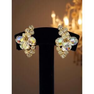 Vintage 1960s Aurora Borealis Crystal Cha Cha Cluster Clip Earrings